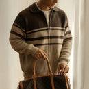 Young Contrast Color Striped Lapel Sweater Men's Casual Zipper Prendersons