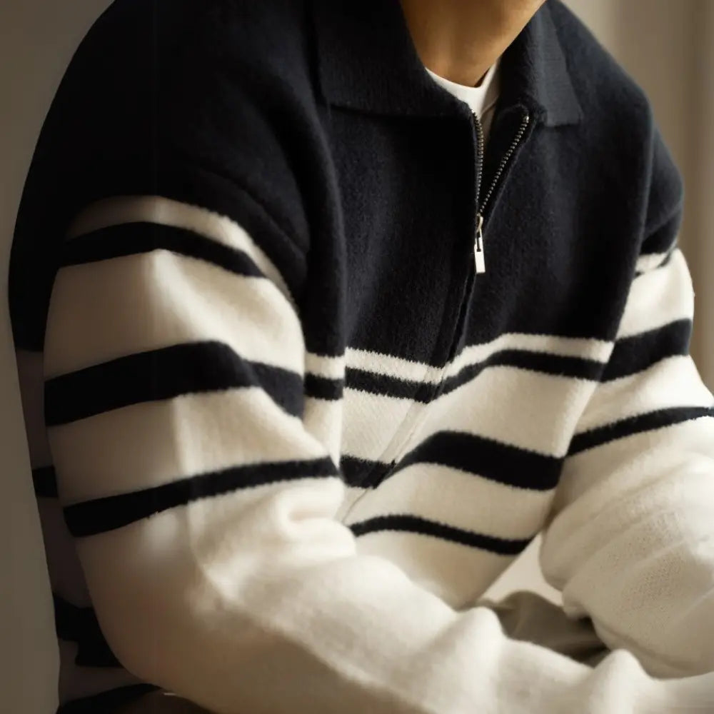 Young Contrast Color Striped Lapel Sweater Men's Casual Zipper Prendersons