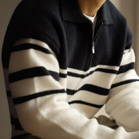 Young Contrast Color Striped Lapel Sweater Men's Casual Zipper Prendersons