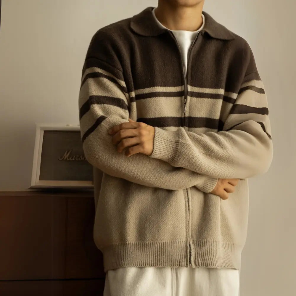 Young Contrast Color Striped Lapel Sweater Men's Casual Zipper Prendersons