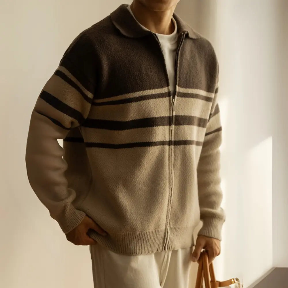 Young Contrast Color Striped Lapel Sweater Men's Casual Zipper Prendersons