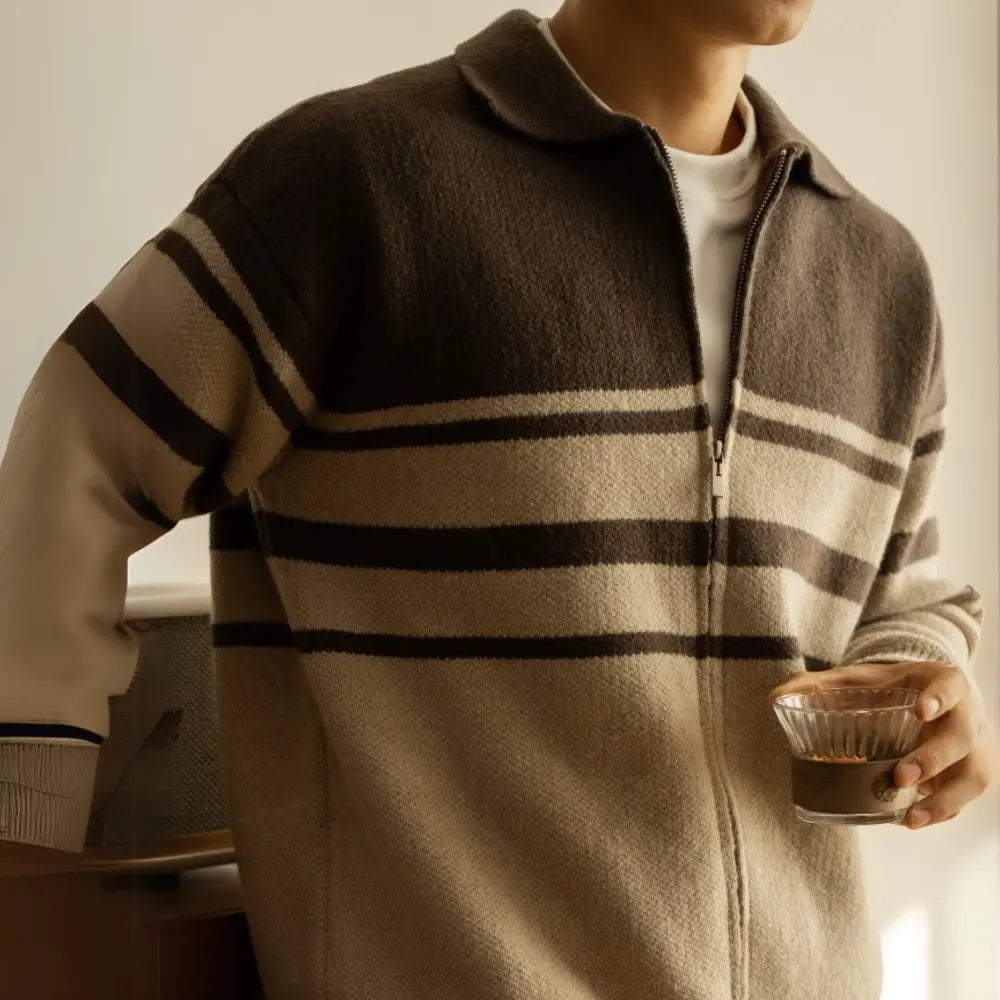 Young Contrast Color Striped Lapel Sweater Men's Casual Zipper Prendersons