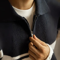 Young Contrast Color Striped Lapel Sweater Men's Casual Zipper Prendersons