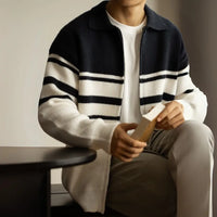 Young Contrast Color Striped Lapel Sweater Men's Casual Zipper Prendersons