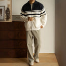 Young Contrast Color Striped Lapel Sweater Men's Casual Zipper Prendersons