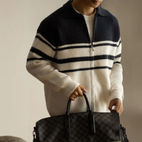 Young Contrast Color Striped Lapel Sweater Men's Casual Zipper Prendersons