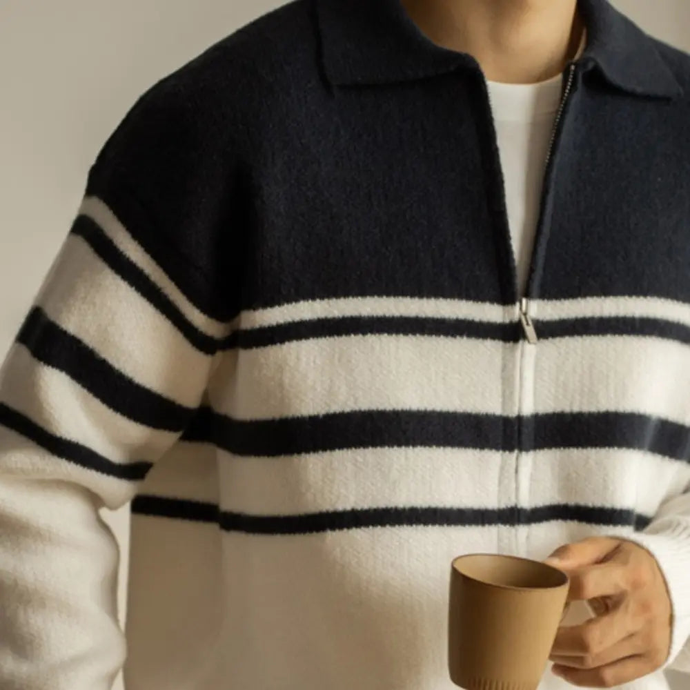 Young Contrast Color Striped Lapel Sweater Men's Casual Zipper Prendersons